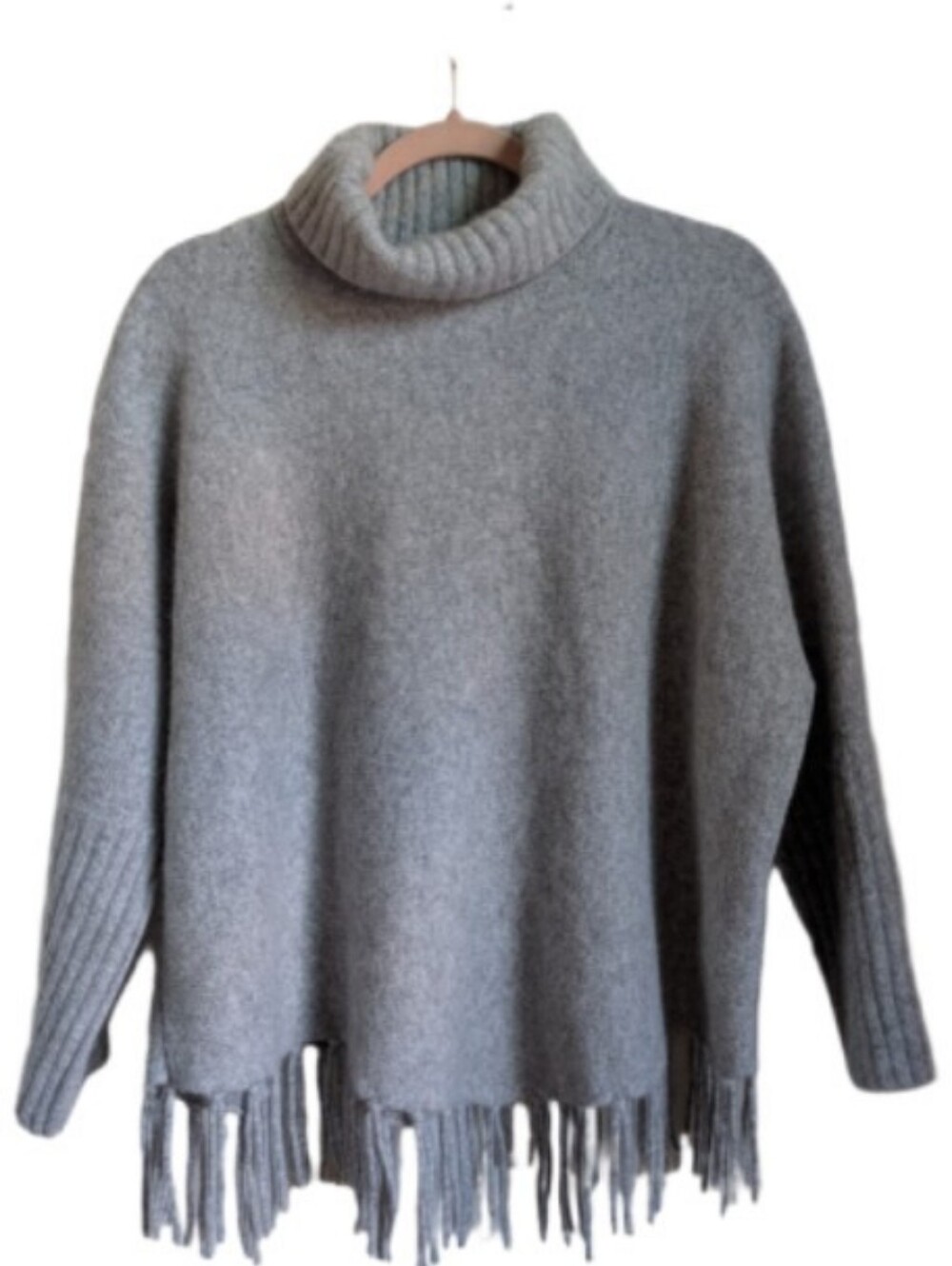 ALEXANDRA BARTLETT Grey Cozy Angora Fringed Asymmetrical Turtleneck Sweater 3X